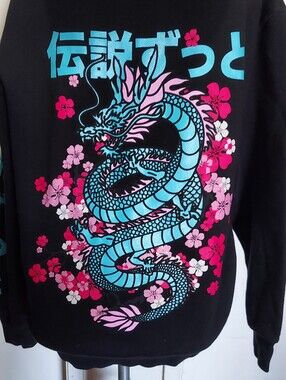 Blossom Dragon Lane Seven Graphic Unisex Black Hoodie W Design On Sleeves Size M